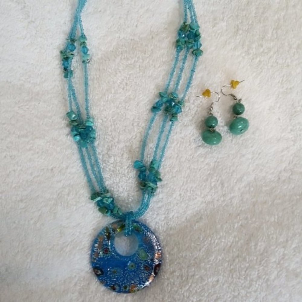 Beaded Faux turquoise and glass Foil millefiori pendant with earrings